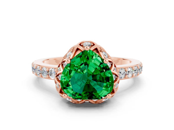 Rose gold Heart Cut Emerald Scalloped Halo Engagement Ring with Round Shared Prong Band