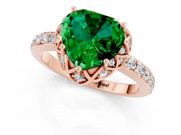 Rose gold Heart Cut Emerald Scalloped Halo Engagement Ring with Round Shared Prong Band