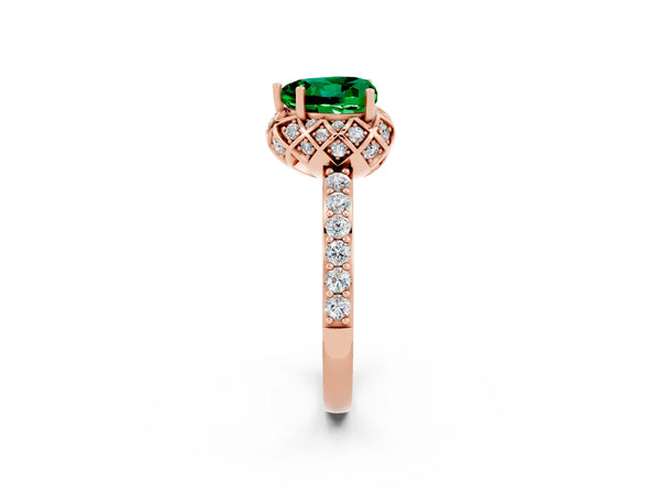 Rose gold Heart Cut Emerald Scalloped Halo Engagement Ring with Round Shared Prong Band