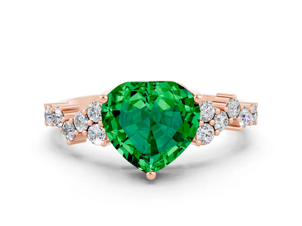 Rose gold Heart Cut Emerald Scattered Round Accent Ring with Prong Setting