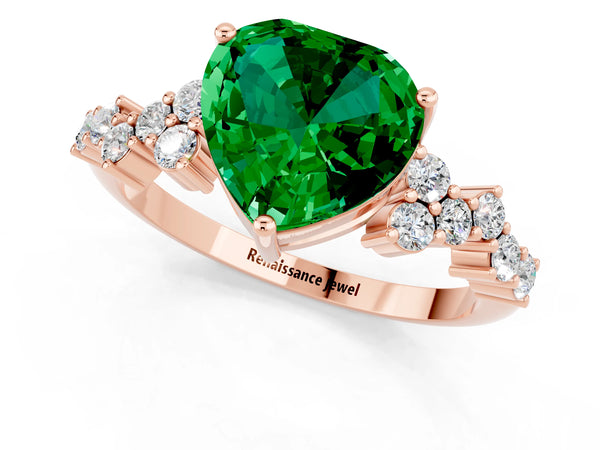 Rose gold Heart Cut Emerald Scattered Round Accent Ring with Prong Setting