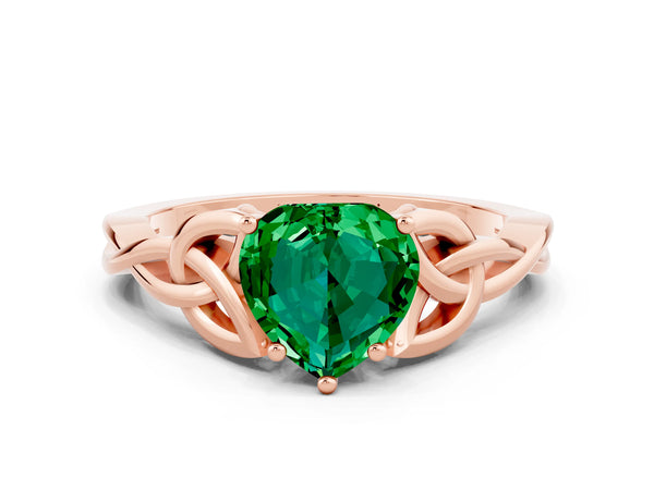 Rose gold Heart Cut Emerald Solitaire Celtic Knot Ring with Four-Prong Setting