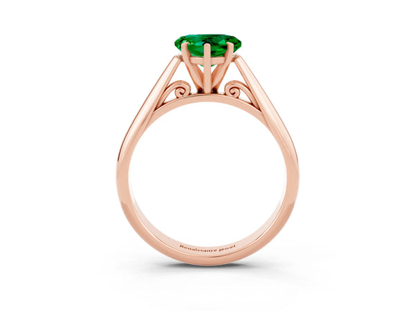 Rose gold Heart Cut Emerald Solitaire Engagement Ring with Cathedral Setting and Four-Prong Mount