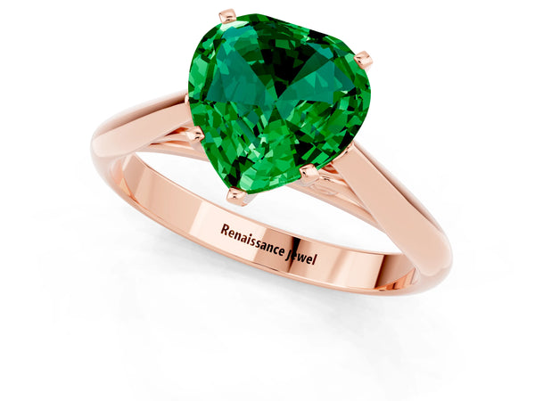 Rose gold Heart Cut Emerald Solitaire Engagement Ring with Cathedral Setting and Four-Prong Mount