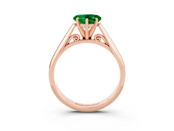 Rose gold Heart Cut Emerald Solitaire Engagement Ring with Cathedral Setting and Four-Prong Mount