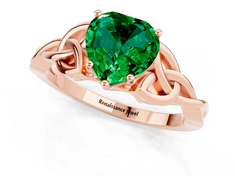 Rose gold Heart Cut Emerald Solitaire Engagement Ring with Celtic Knot Band and Four-Prong Setting_1