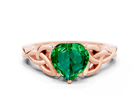 Rose gold Heart Cut Emerald Solitaire Engagement Ring with Celtic Knot Band and Four-Prong Setting