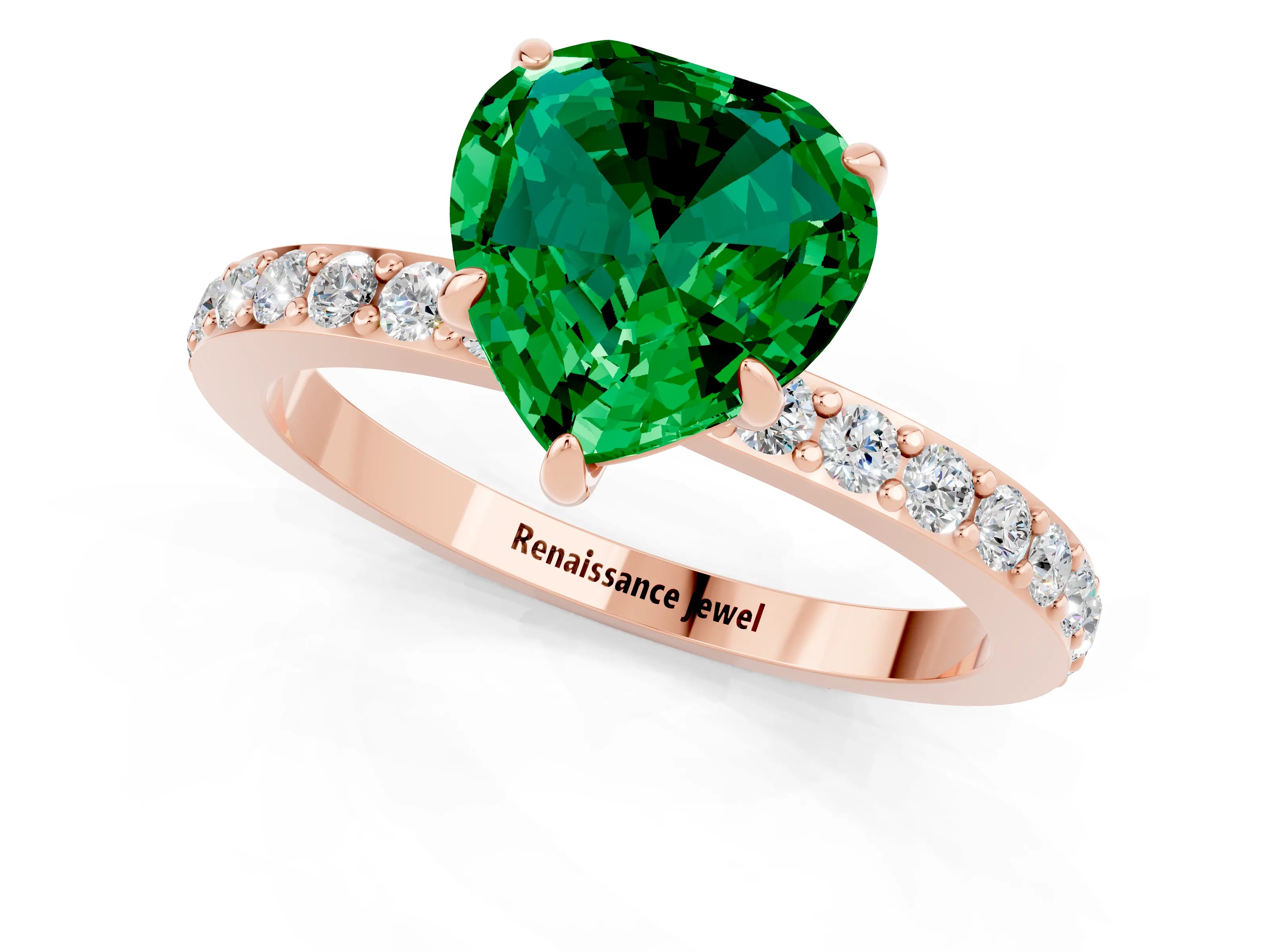 Rose gold Heart Cut Emerald Solitaire Engagement Ring with Pavé Band and Four-Prong Setting_1