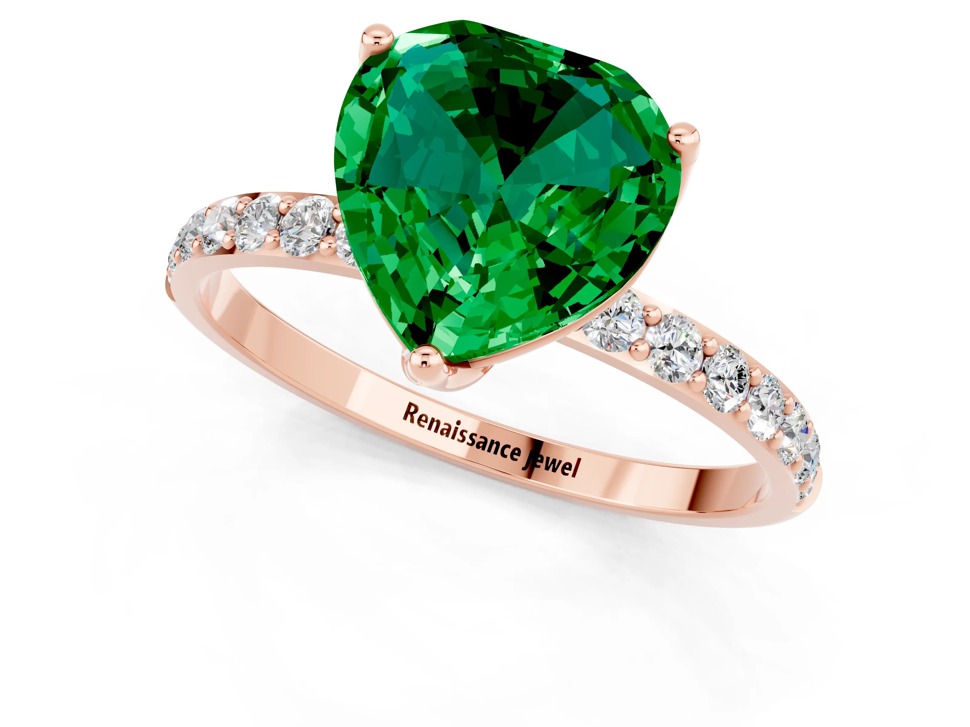 Rose gold Heart Cut Emerald Solitaire Engagement Ring with Pavé Band and Prong Setting_1
