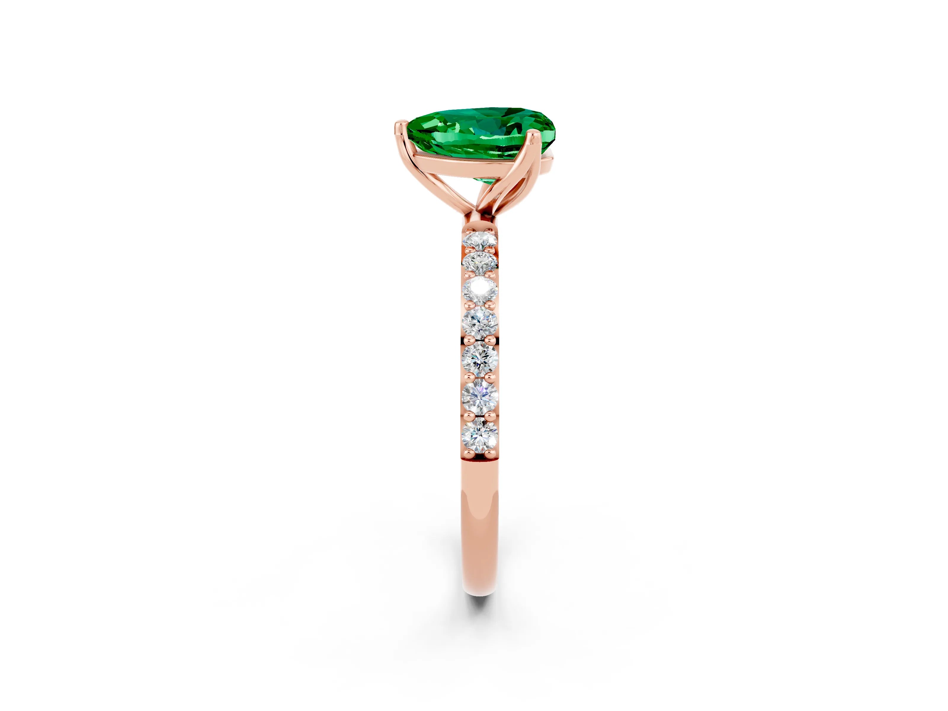 Rose gold Heart Cut Emerald Solitaire Engagement Ring with Pavé Band and Prong Setting_2