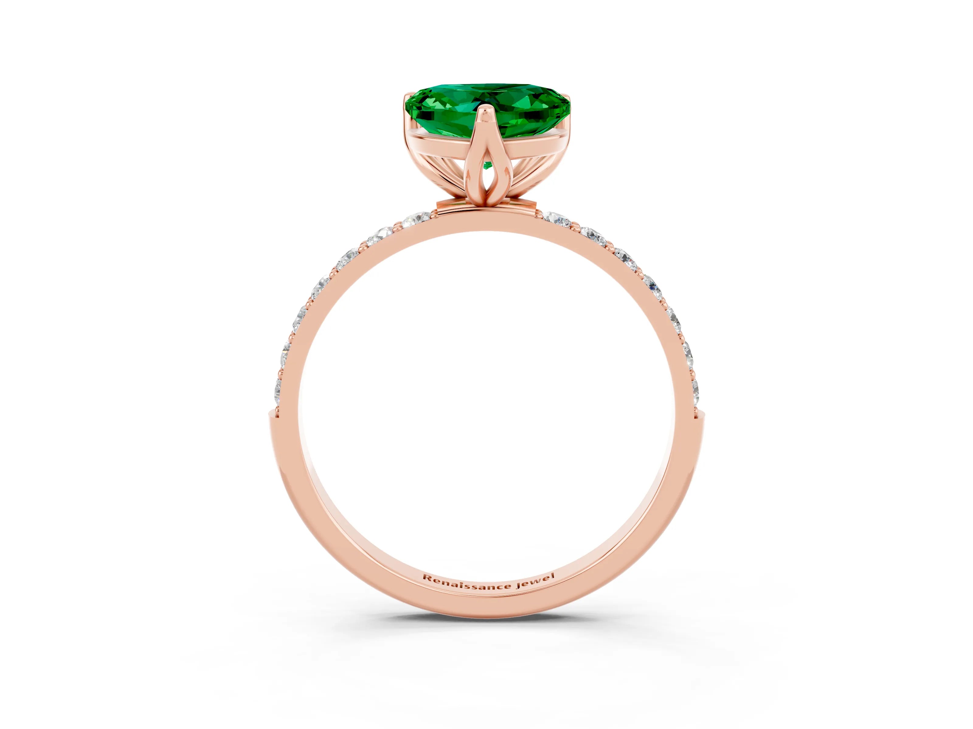 Rose gold Heart Cut Emerald Solitaire Engagement Ring with Pavé Band and Prong Setting_3