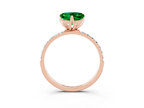 Rose gold Heart Cut Emerald Solitaire Engagement Ring with Round  Pavé Band and Prong Setting