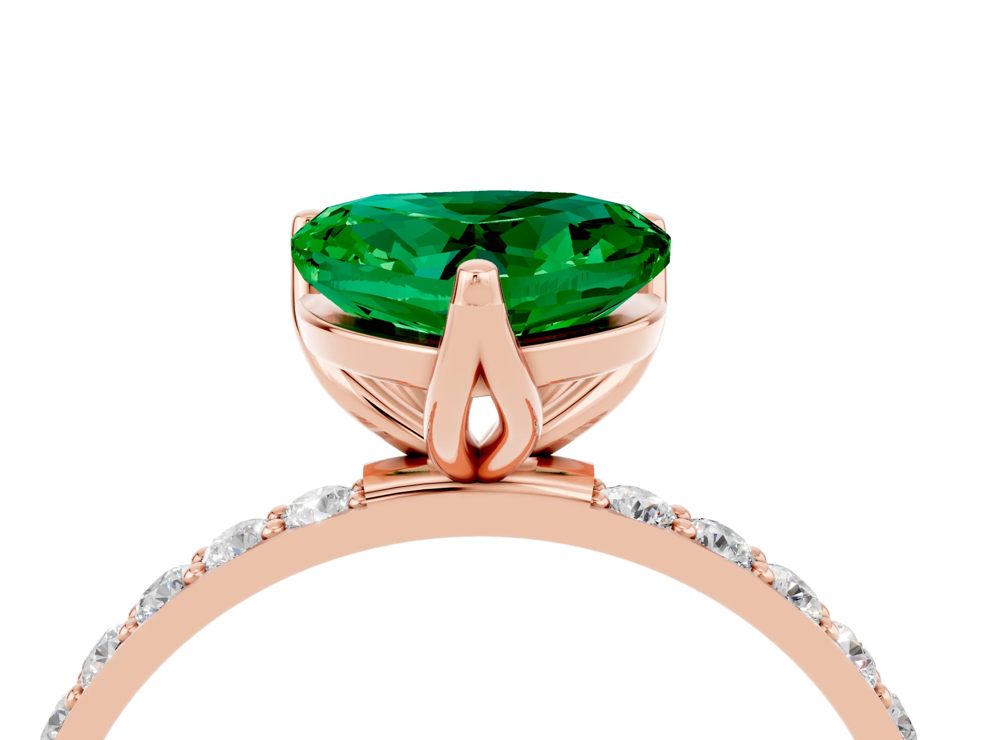 Rose gold Heart Cut Emerald Solitaire Engagement Ring with Pavé Band and Prong Setting_4