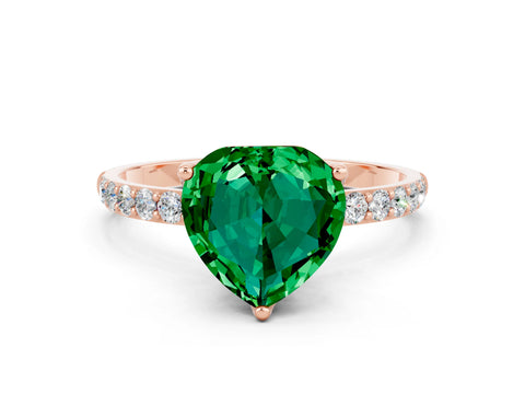Rose gold Heart Cut Emerald Solitaire Engagement Ring with Pavé Band and Prong Setting