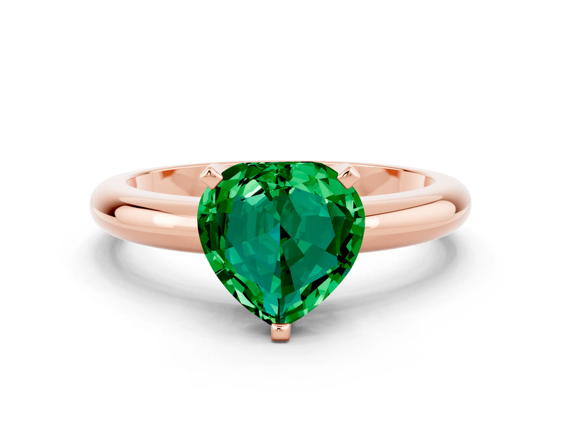 Rose gold Heart Cut Emerald Solitaire Engagement Ring with Round Band and Four-Prong Setting