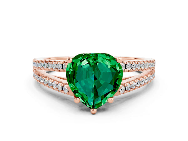 Rose gold Heart Cut Emerald Solitaire Engagement Ring with Split Shank Pavé Band