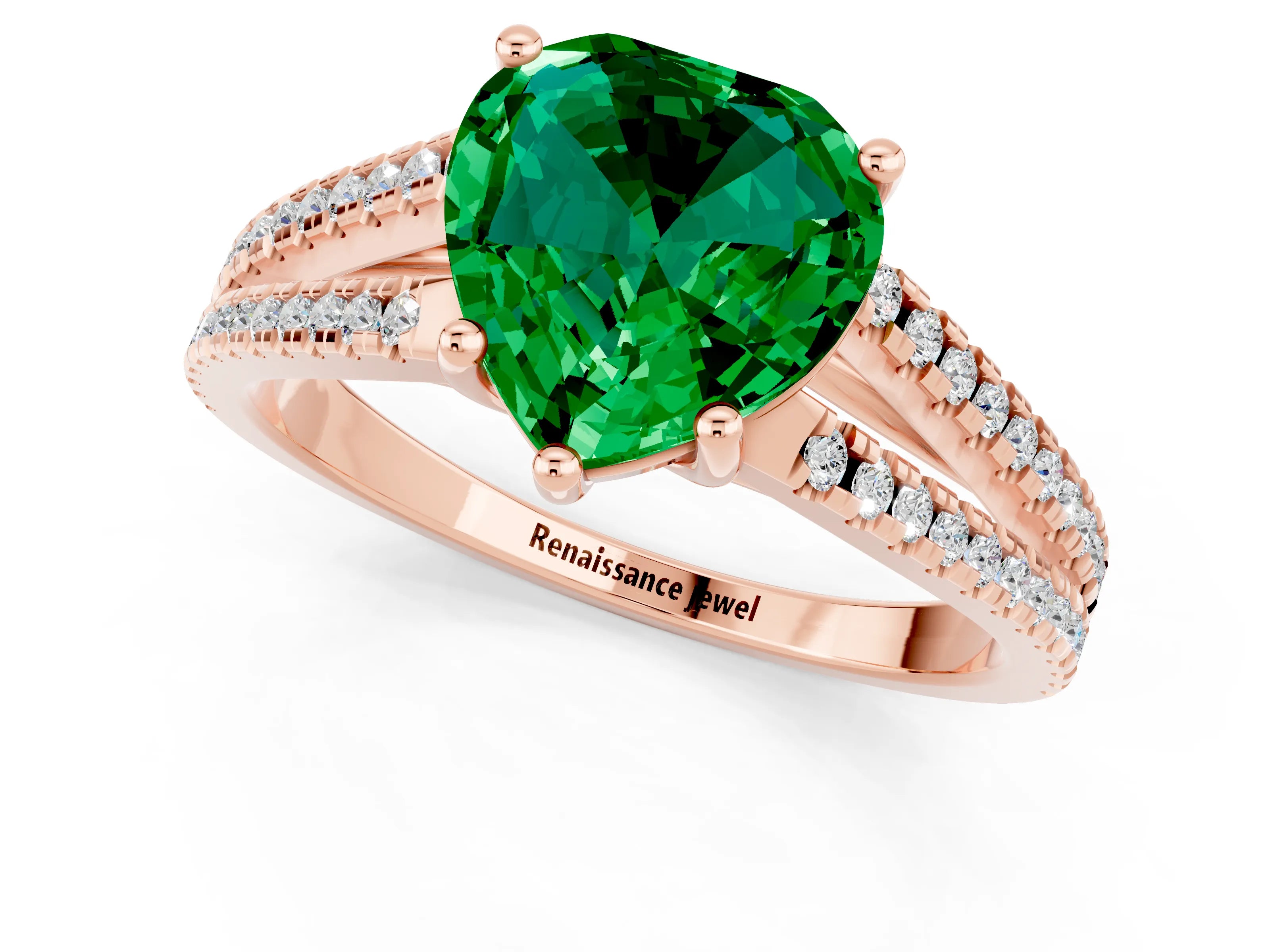 Rose gold Heart Cut Emerald Solitaire Engagement Ring with Split Shank Pavé Band_1