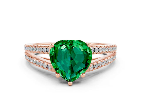 Rose gold Heart Cut Emerald Solitaire Engagement Ring with Split Shank Pavé Band
