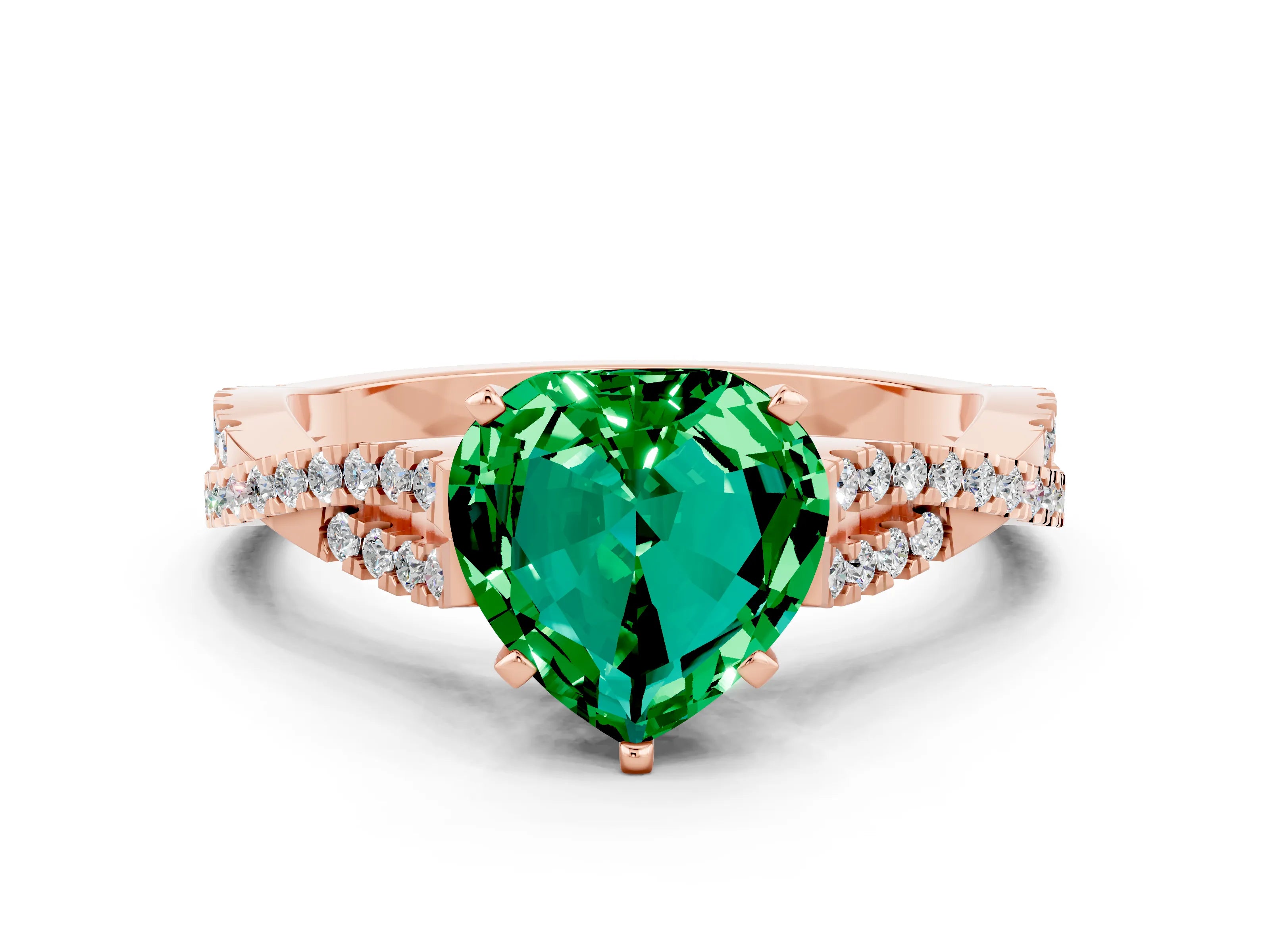 Rose gold Heart Cut Emerald Solitaire Engagement Ring with Twisted Pavé Band and Four-Prong Setting_12