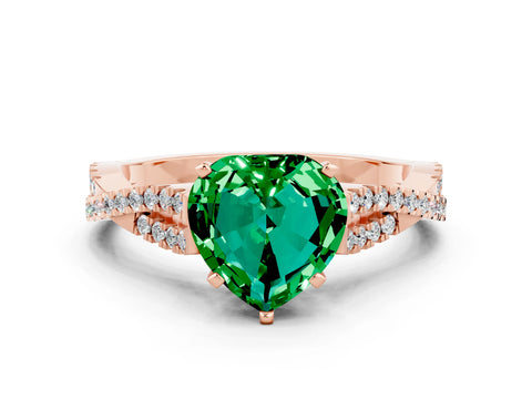 Rose gold Heart Cut Emerald Solitaire Engagement Ring with Twisted Pavé Band and Four-Prong Setting_12