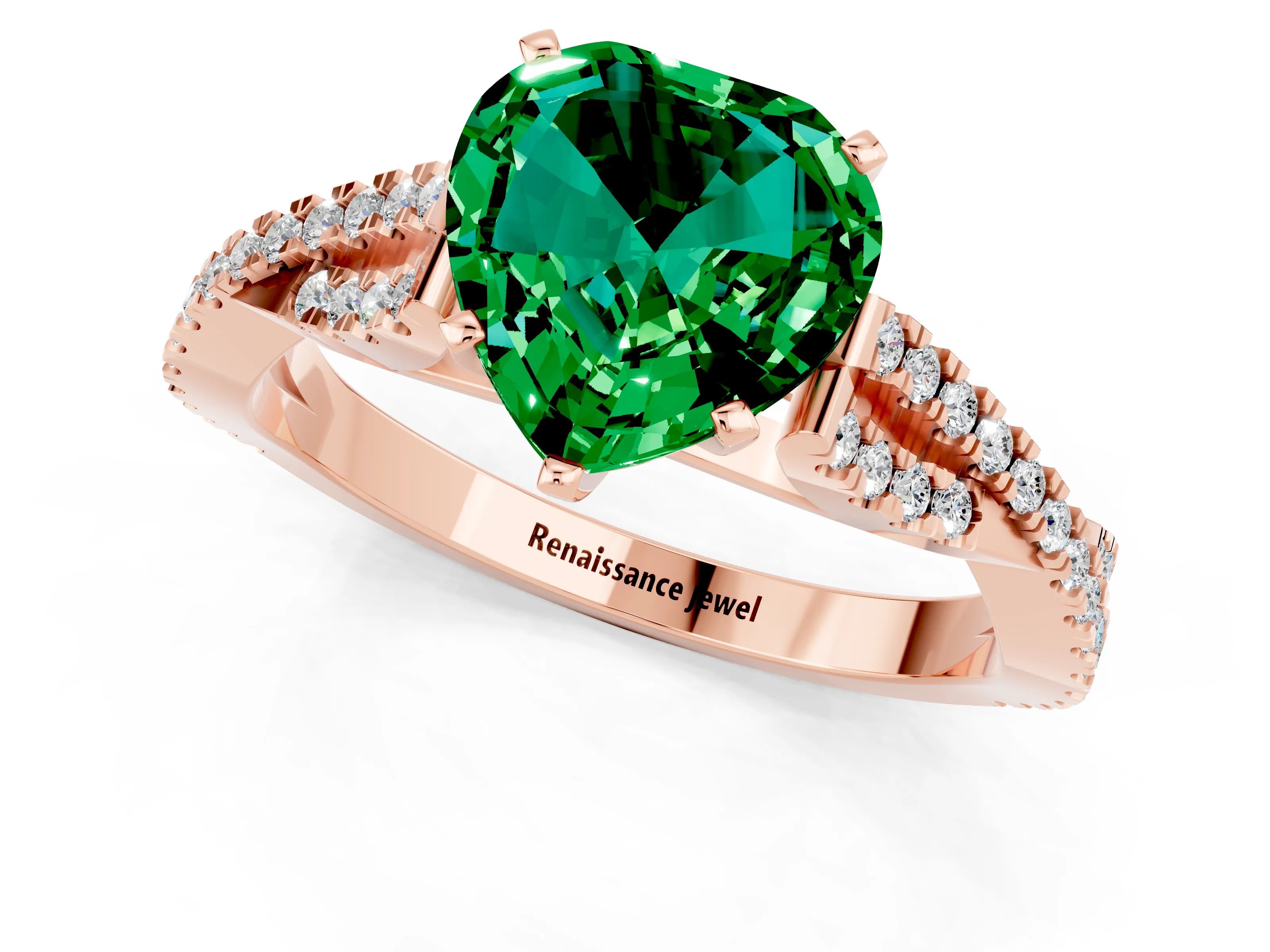 Rose gold Heart Cut Emerald Solitaire Engagement Ring with Twisted Pavé Band and Four-Prong Setting_13