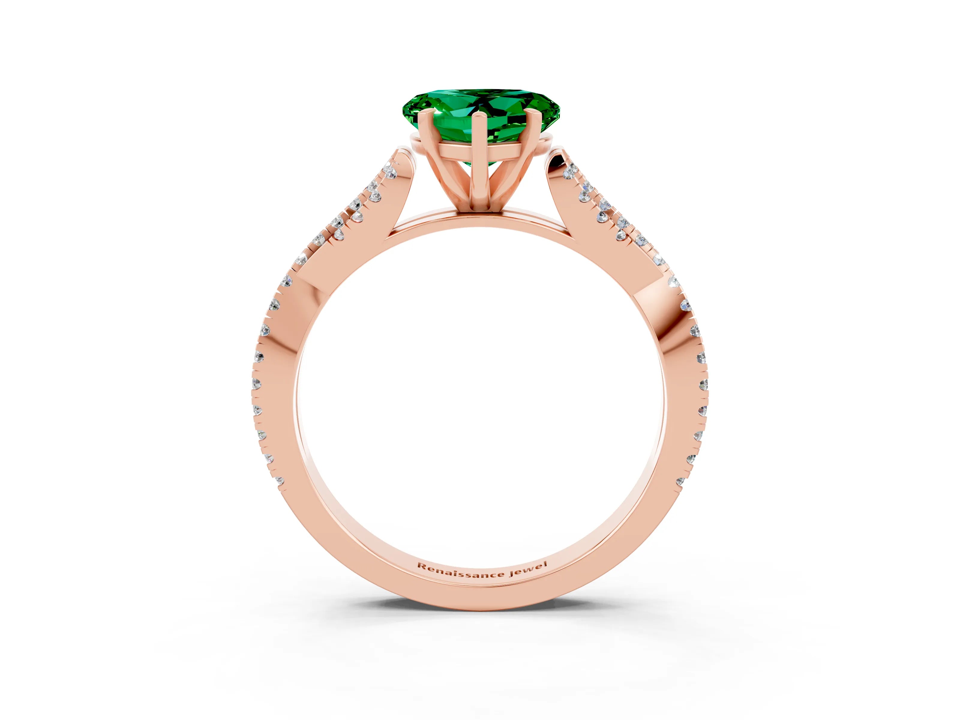 Rose gold Heart Cut Emerald Solitaire Engagement Ring with Twisted Pavé Band and Four-Prong Setting_15