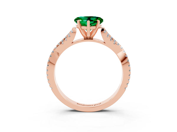 Rose gold Heart Cut Emerald Solitaire Engagement Ring with Twisted Pavé Band and Four-Prong Setting