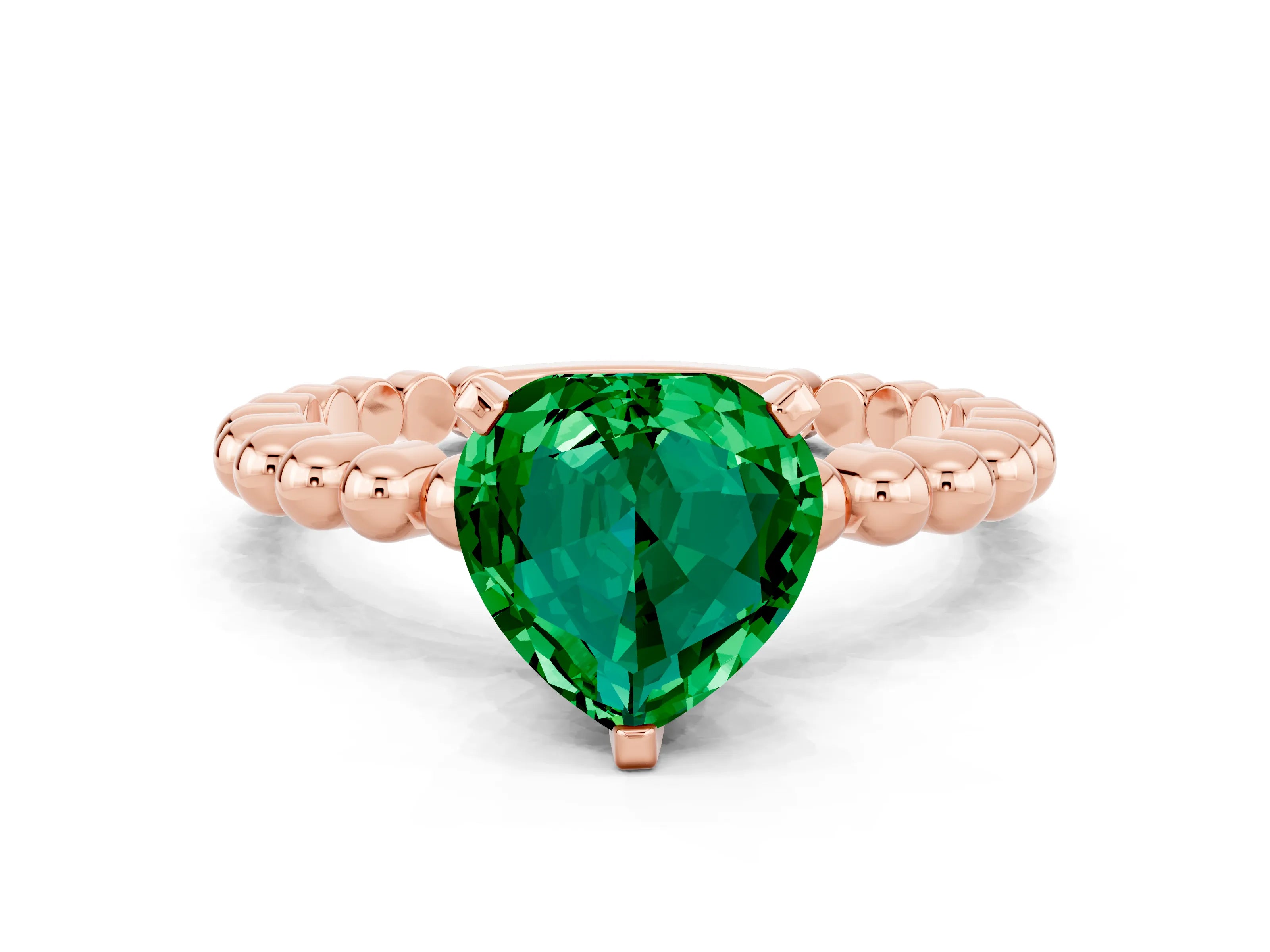 Rose gold Heart Cut Emerald Solitaire Ring with Beaded Band and Prong Setting