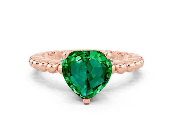 Rose gold Heart Cut Emerald Solitaire Ring with Beaded Band and Prong Setting