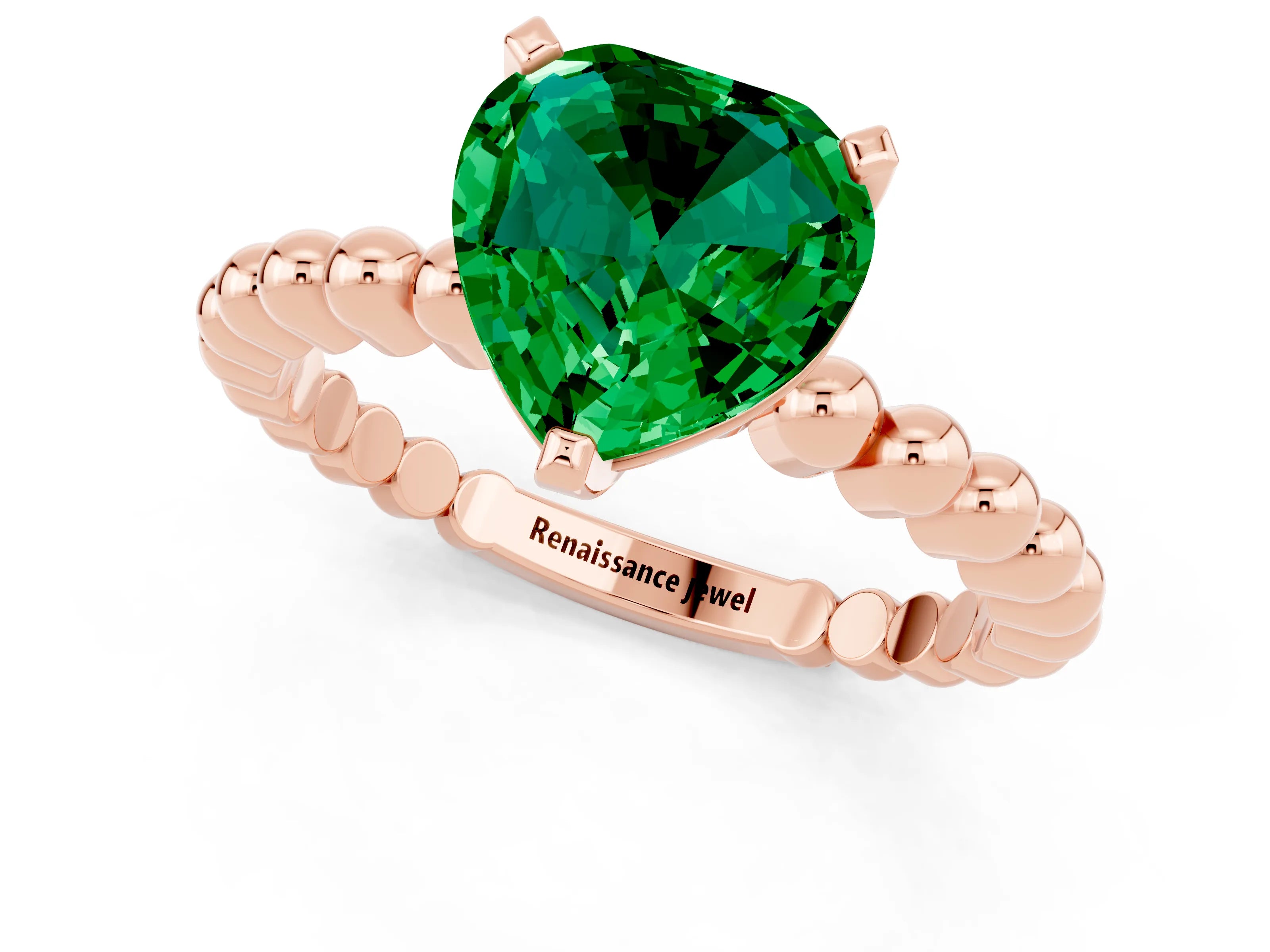 Rose gold Heart Cut Emerald Solitaire Ring with Beaded Band and Prong Setting_1