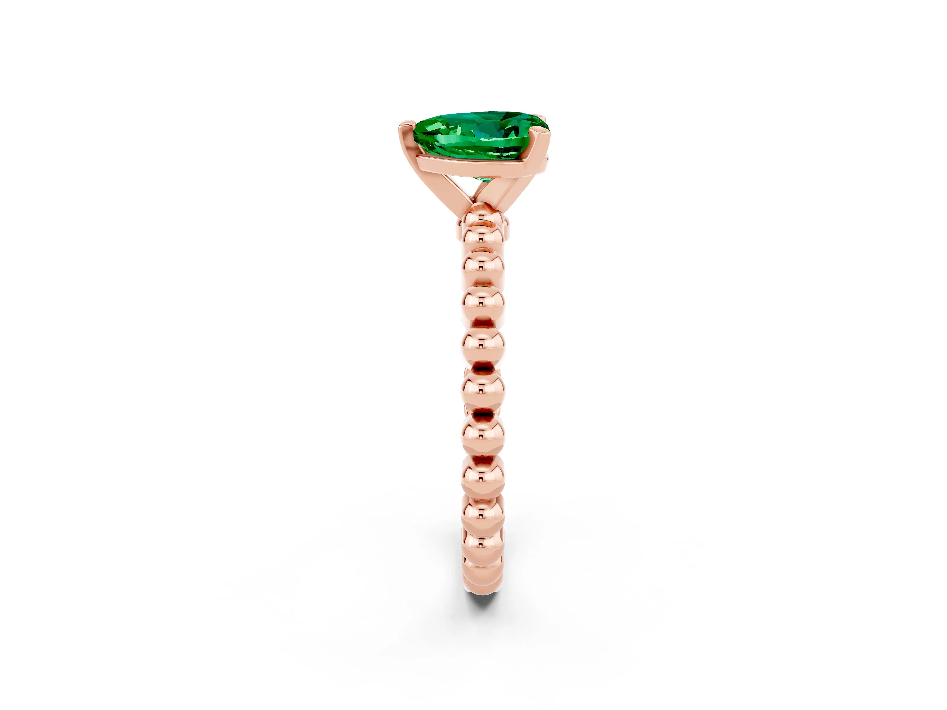 Rose gold Heart Cut Emerald Solitaire Ring with Beaded Band and Prong Setting_2