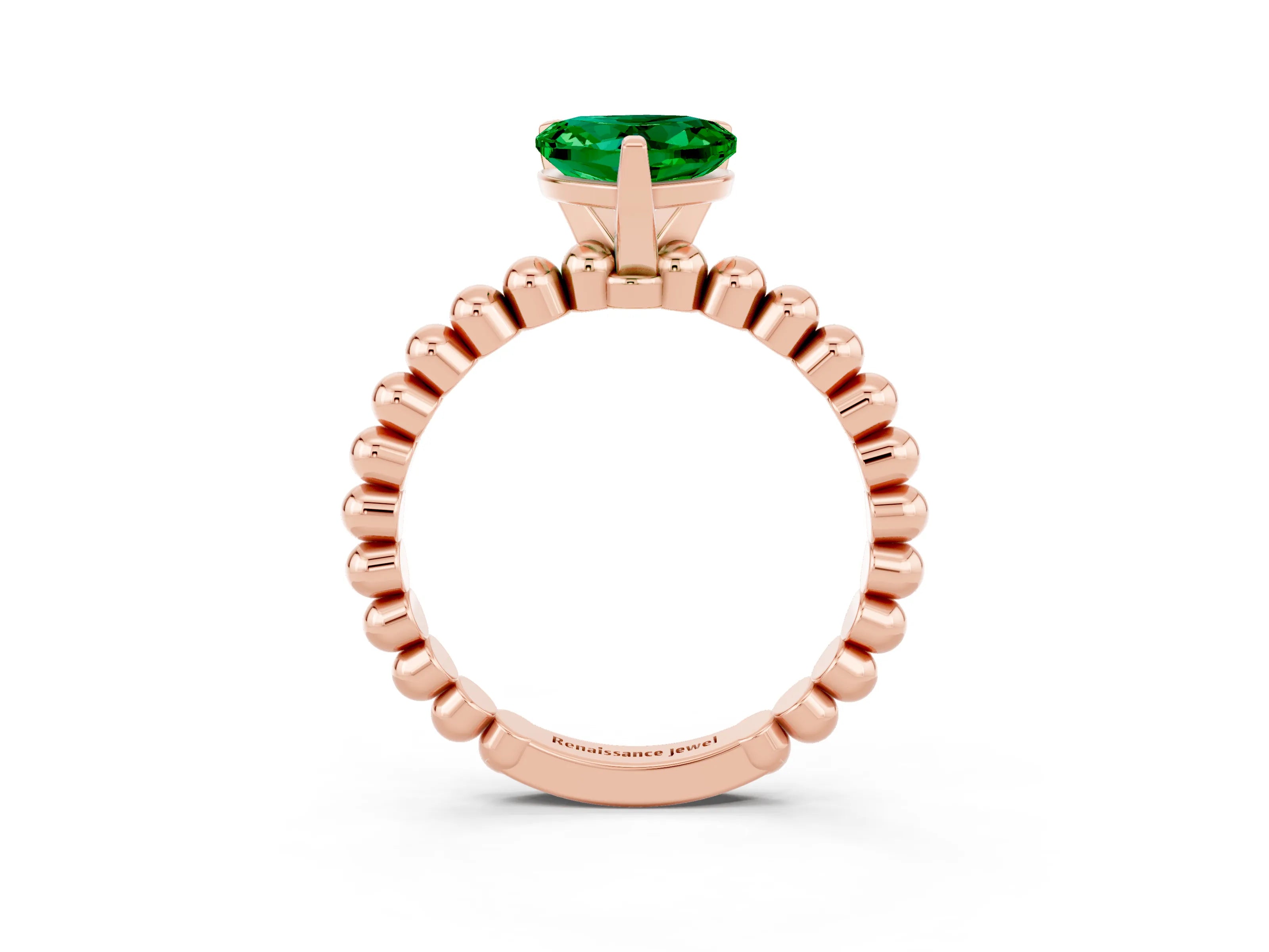 Rose gold Heart Cut Emerald Solitaire Ring with Beaded Band and Prong Setting_3