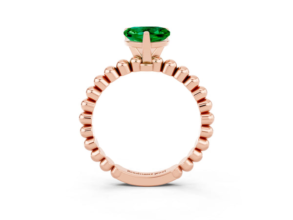 Rose gold Heart Cut Emerald Solitaire Ring with Beaded Band and Prong Setting