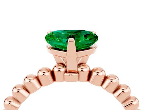 Rose gold Heart Cut Emerald Solitaire Ring with Beaded Band and Prong Setting_4