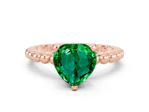 Rose gold Heart Cut Emerald Solitaire Ring with Beaded Band and Prong Setting