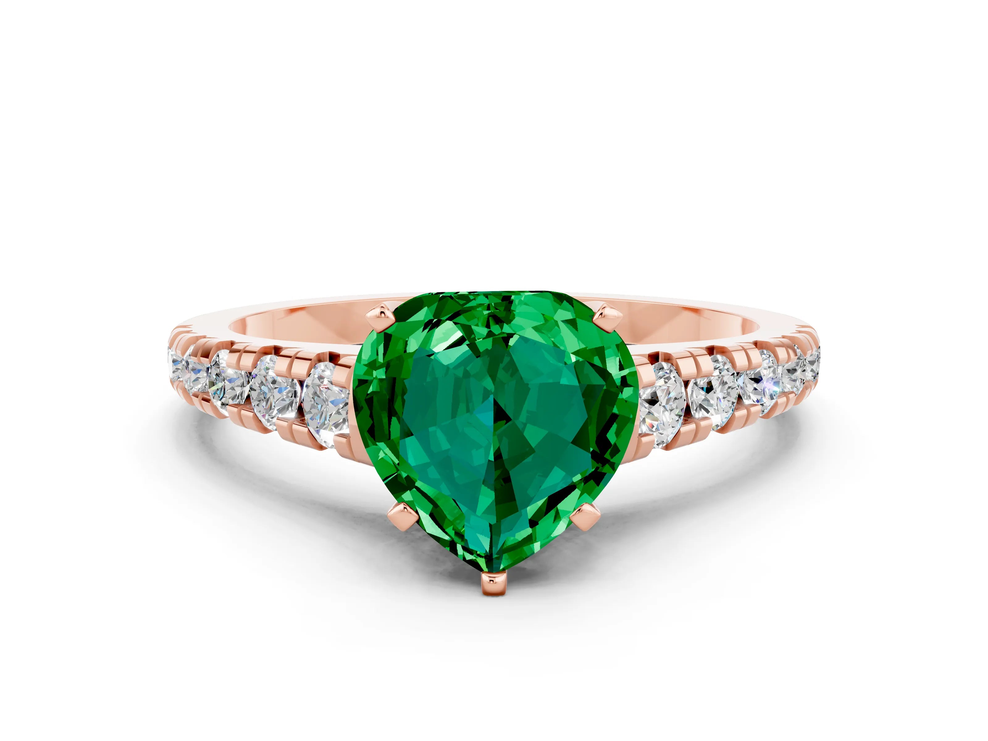 Rose gold Heart Cut Emerald Solitaire Ring with Cathedral Setting and Pavé Band