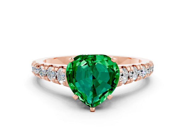 Rose gold Heart Cut Emerald Cathedral Solitaire Ring with Round  Pavé Band