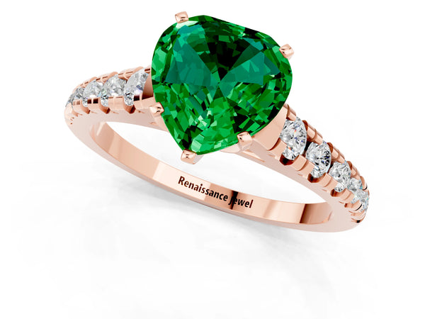 Rose gold Heart Cut Emerald Cathedral Solitaire Ring with Round  Pavé Band