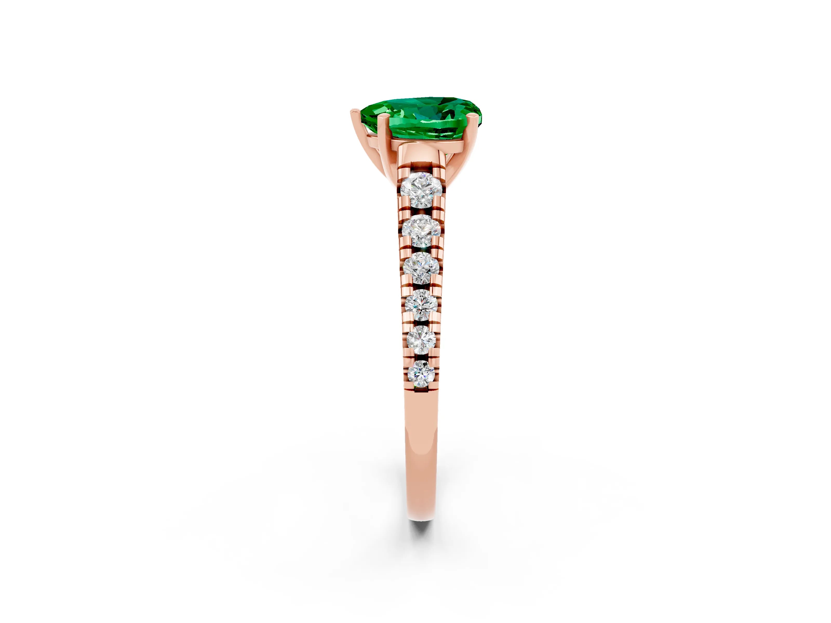 Rose gold Heart Cut Emerald Solitaire Ring with Cathedral Setting and Pavé Band_2