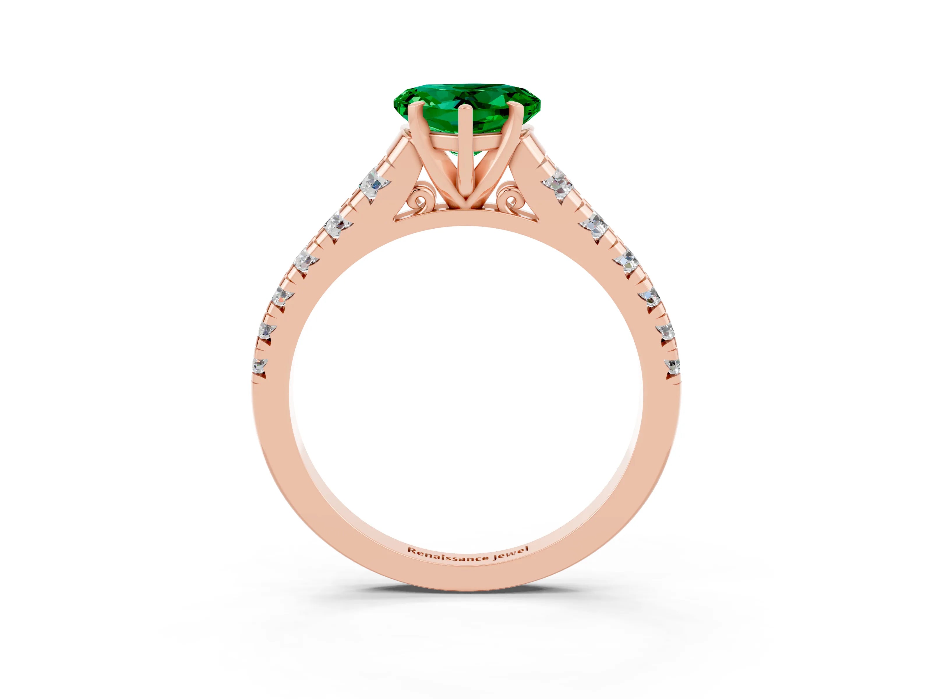 Rose gold Heart Cut Emerald Solitaire Ring with Cathedral Setting and Pavé Band_3