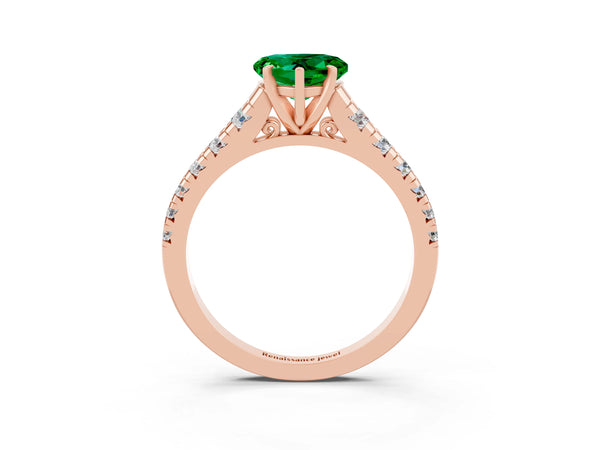 Rose gold Heart Cut Emerald Cathedral Solitaire Ring with Round  Pavé Band