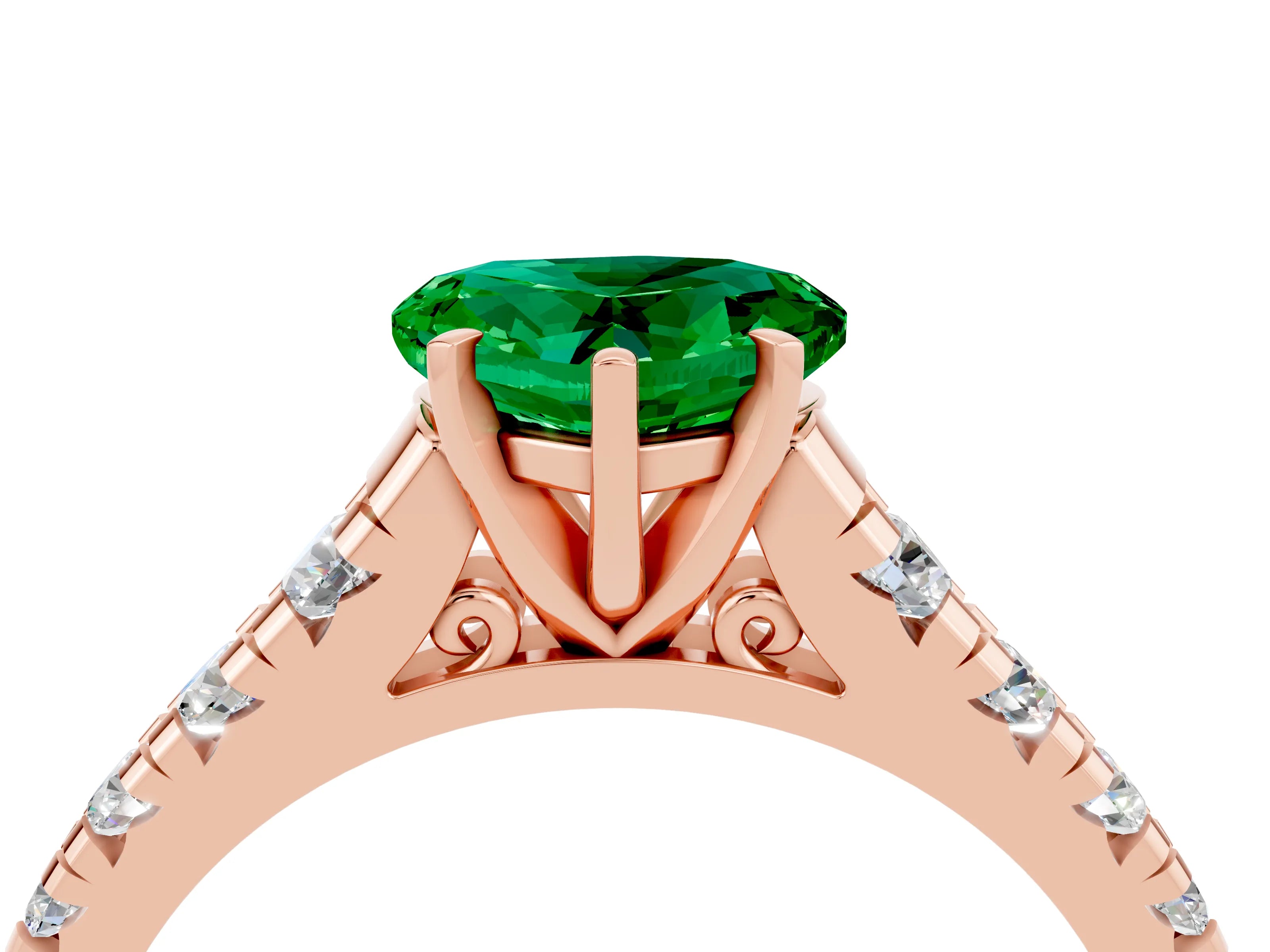 Rose gold Heart Cut Emerald Solitaire Ring with Cathedral Setting and Pavé Band_4