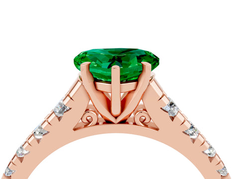 Rose gold Heart Cut Emerald Solitaire Ring with Cathedral Setting and Pavé Band_4