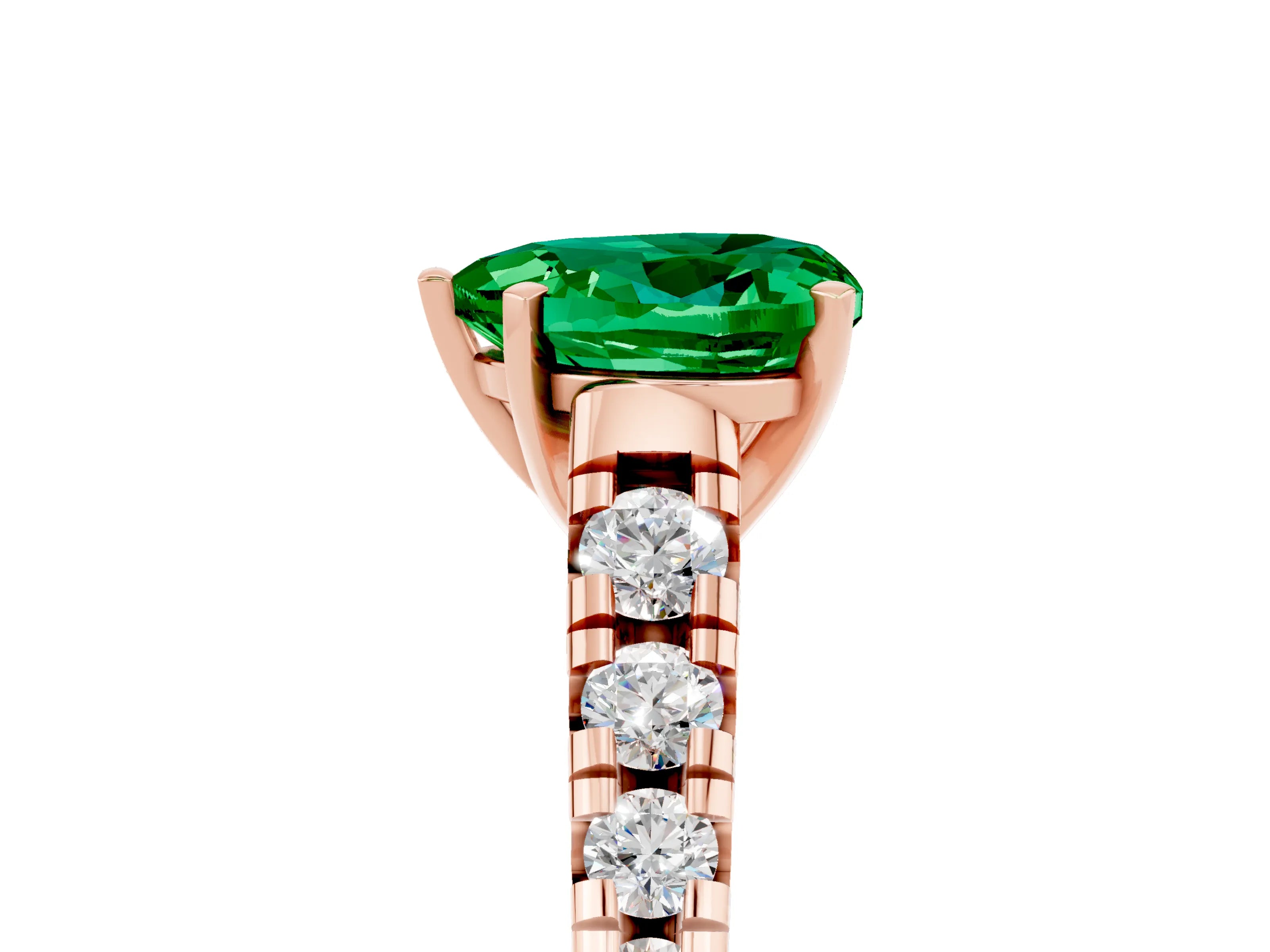 Rose gold Heart Cut Emerald Solitaire Ring with Cathedral Setting and Pavé Band_5