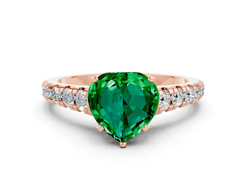 Rose gold Heart Cut Emerald Solitaire Ring with Cathedral Setting and Pavé Band