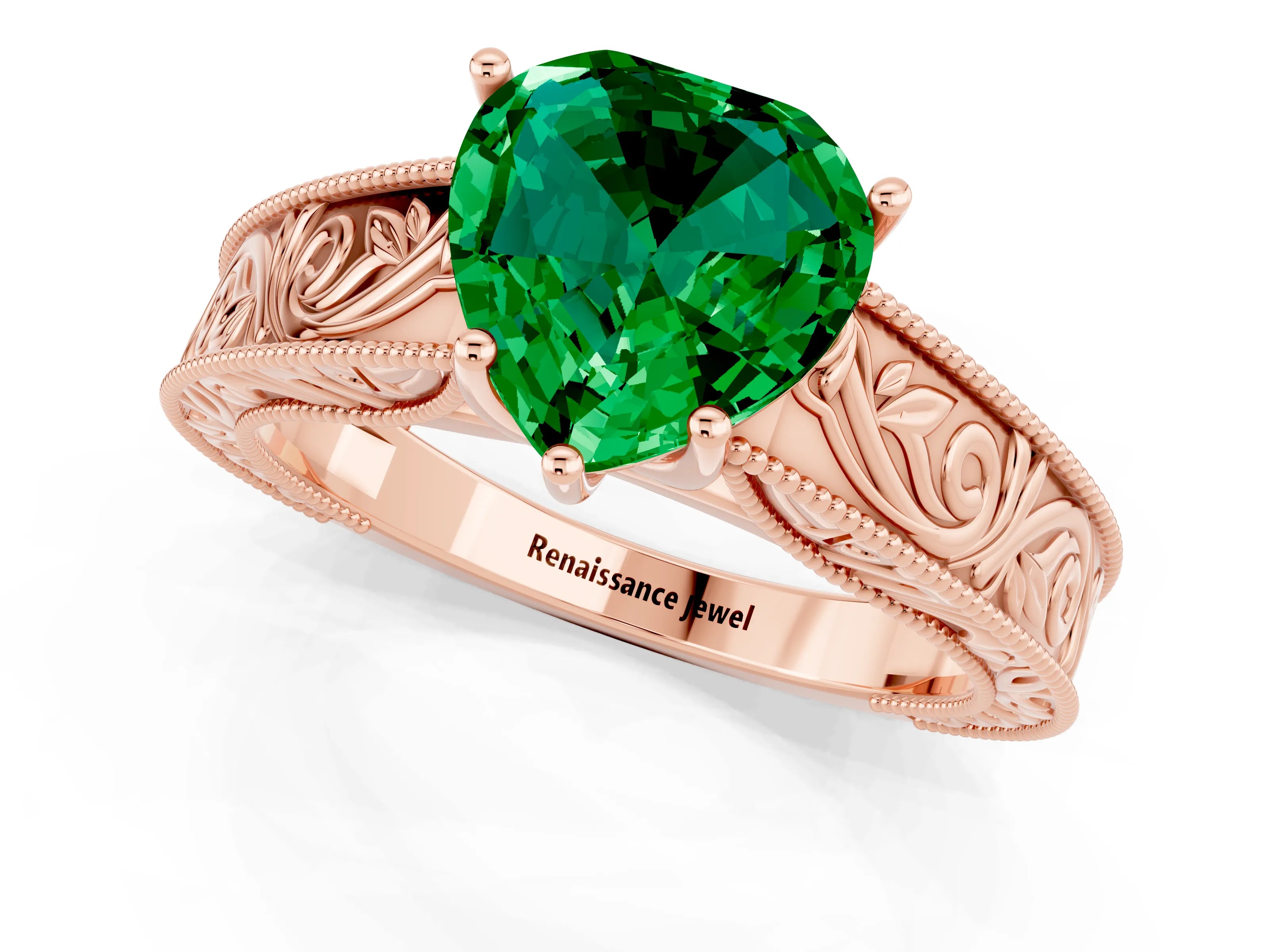 Rose gold Heart Cut Emerald Solitaire Ring with Engraved Band and Four-Prong Setting_1