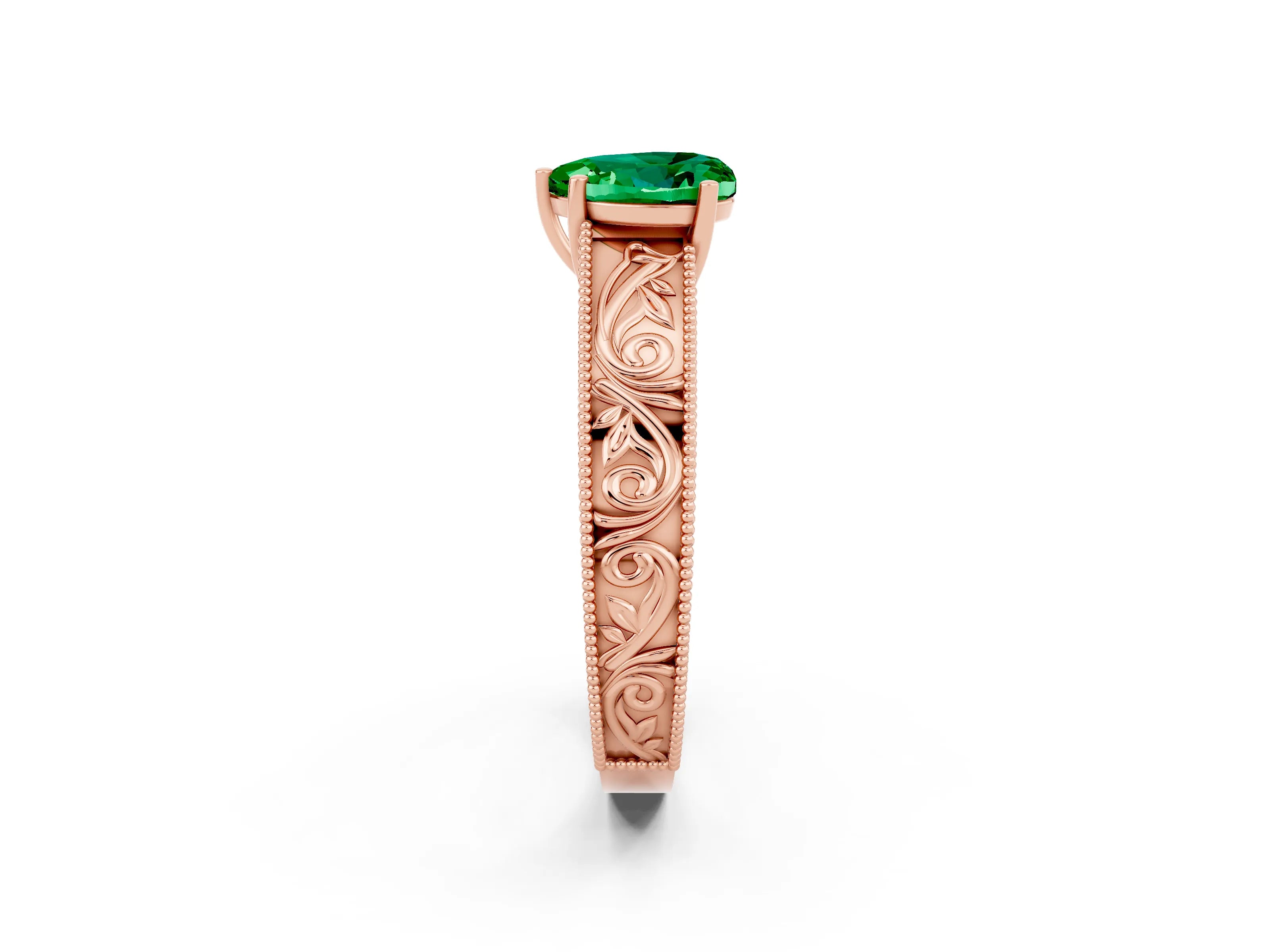Rose gold Heart Cut Emerald Solitaire Ring with Engraved Band and Four-Prong Setting_2