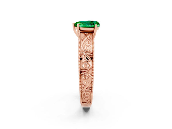 Rose gold Heart Cut Emerald Solitaire Ring with Engraved Band and Four-Prong Setting