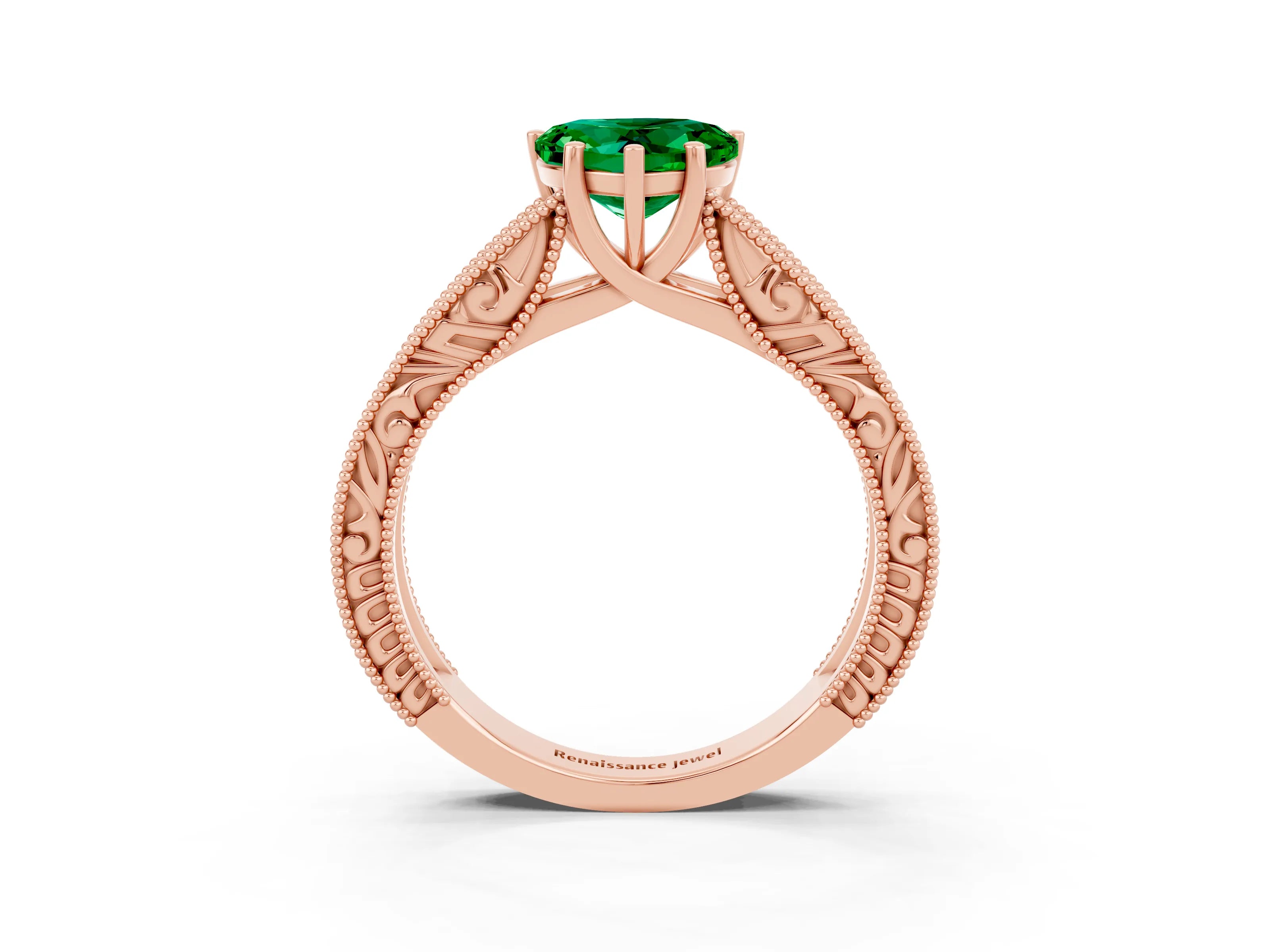 Rose gold Heart Cut Emerald Solitaire Ring with Engraved Band and Four-Prong Setting_3