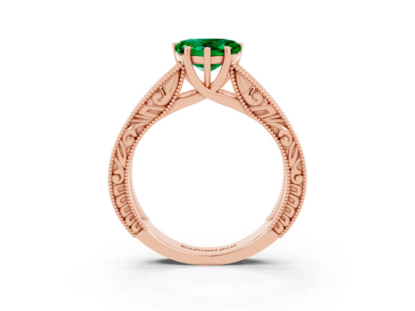 Rose gold Heart Cut Emerald Solitaire Ring with Engraved Band and Four-Prong Setting